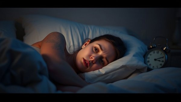 Insomnia and sleep problems in pregnancy, young woman lying awake.