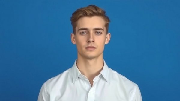 Young man in white shirt, against blue background, minimalistic.