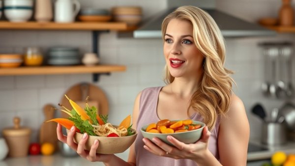 3 foods that make you poop immediately held by expressive woman in kitchen.