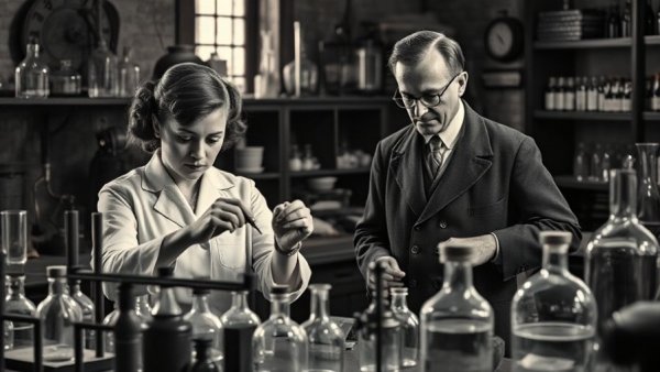 Historical NIH funding and medical research innovation in vintage lab setting.