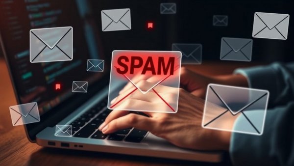 Illustrative concept of spam detection with alerts on laptop.