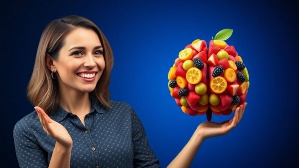 Longevity: Woman with brain model and colorful brain-shaped fruits.