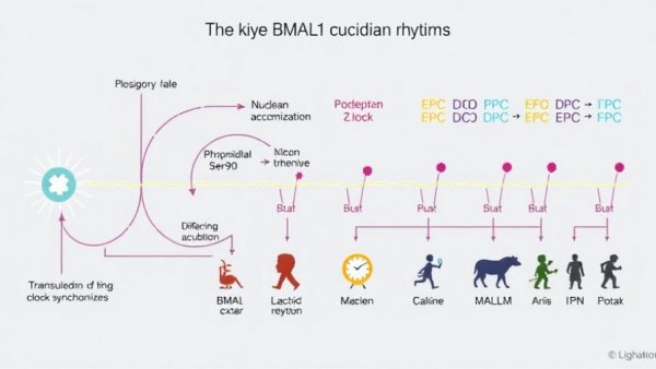 BMAL1 circadian rhythm regulation diagram with phosphorylation and synchronization steps.
