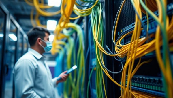 High-tech data center with technician among vibrant cables, related to best marketing tools for SMBs.