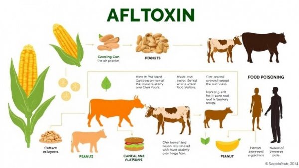 Infographic on aflatoxin health impact showing food sources.