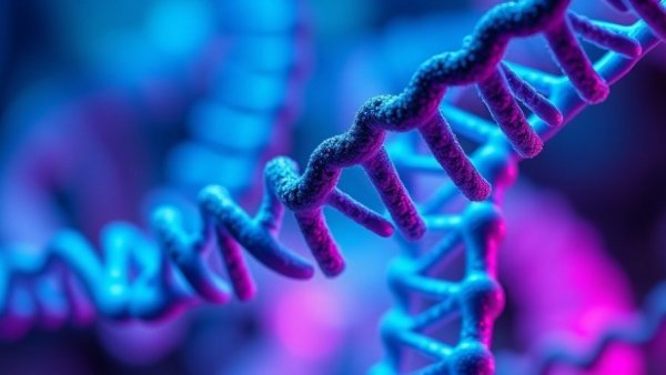 Intricate DNA helix in vibrant blue and purple, GDF3 and Aging Research.
