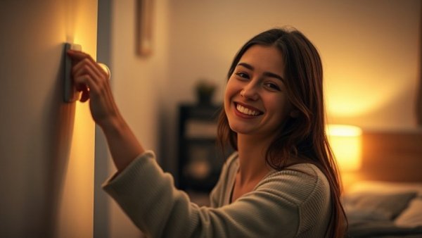 Young woman turning off light in cozy bedroom, related to low melatonin and longevity.