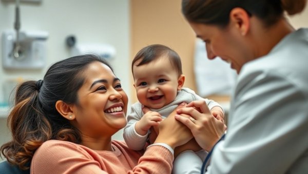 Friendly doctor interacting with baby and mother, highlighting childhood vaccine safety.