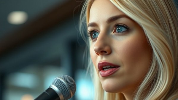 Blonde woman discussing longevity indoors.