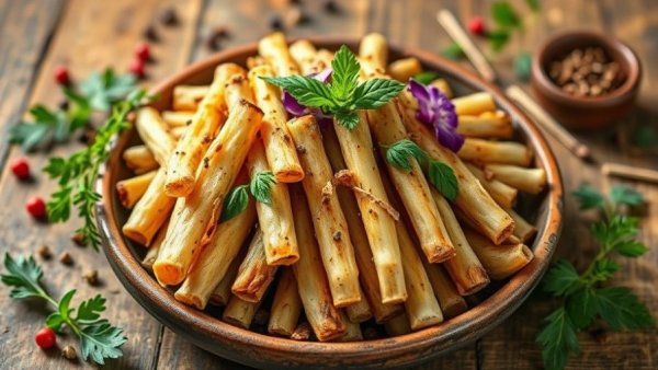 Vibrant fermented bamboo shoots with herbs, emphasizing health benefits.