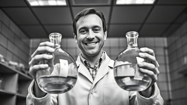 Polio vaccine history: Scientist holding glass containers in lab.