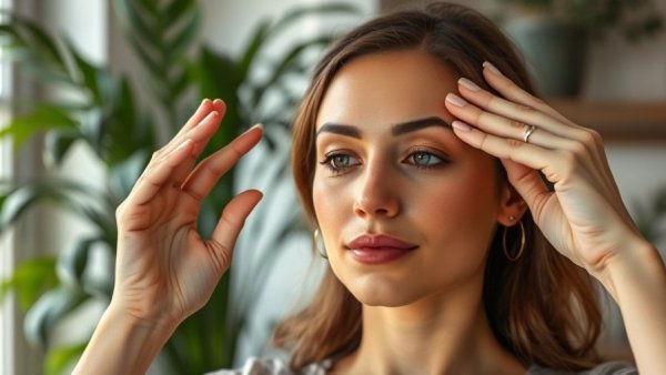 Face yoga lift eyelids tutorial with a focused woman demonstrating.