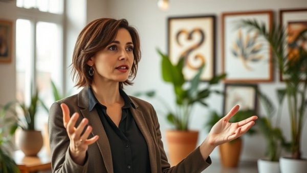 Professional woman explaining reduce plastic use for longevity indoors.