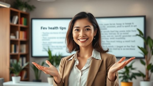 Professional woman presenting health tips in an office with ambient lighting.