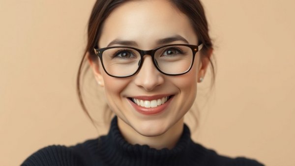 Professional portrait of a smiling woman with glasses.