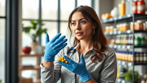 Woman explaining toxic ingredients in vitamins, studio setting.