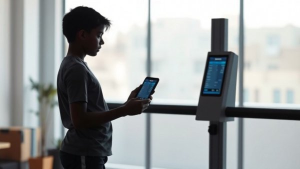 Adolescent analyzing body composition, digital device reading, indoor wellness.