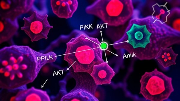 Illustration of PI3K AKT signaling pathway in fibroblast cells.