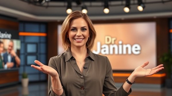 TV host presenting in a modern studio setting.