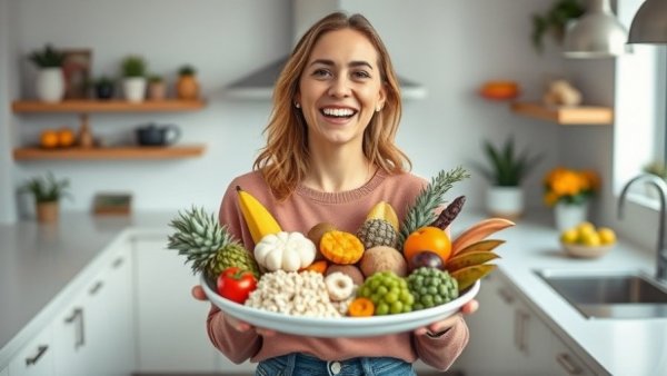 Presenter discussing laxatives and digestive health, holding a plate of fiber-rich foods.