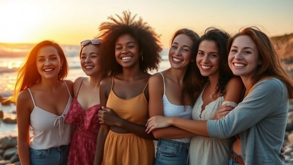 Group of women smiling at sunset beach, midlife weight gain.