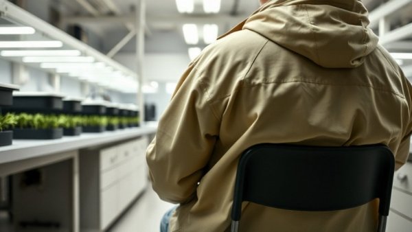 Insect farming startup laboratory with jacket and worker at bench.