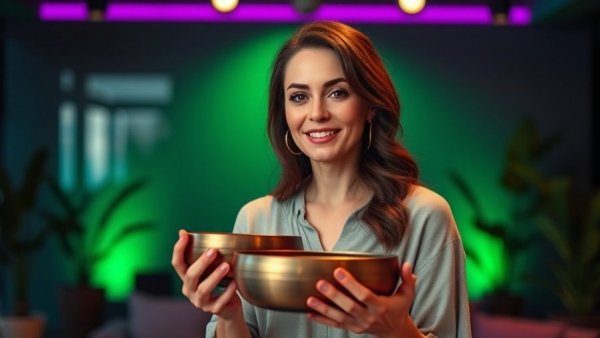 Sound Healing for Longevity: Woman with singing bowls in studio.
