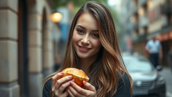 Young woman smiling subtly while holding a food item, urban setting.