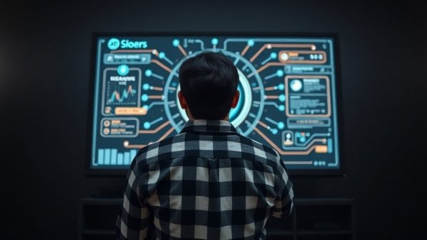 AI WordPress plugin interface on a large screen with person viewing, digital elements