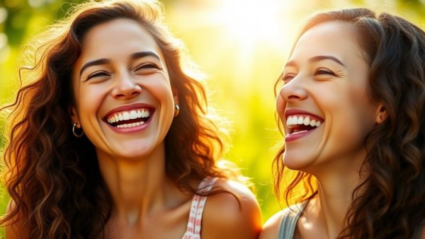 Smiling women enjoying sunlight in a vibrant scene.