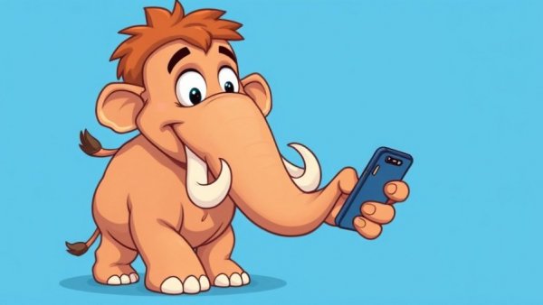 Cartoon mammoth character holding smartphone, best marketing tools for SMBs.