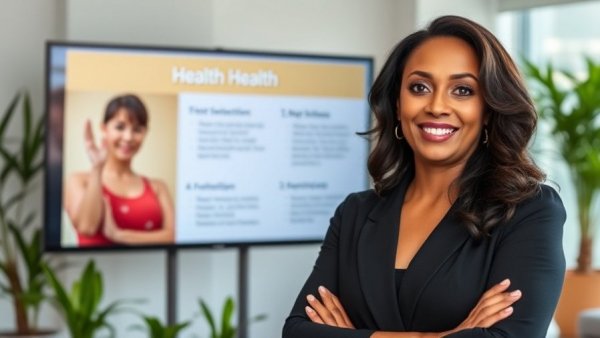 Woman discussing gluten and thyroid health with informational slide.