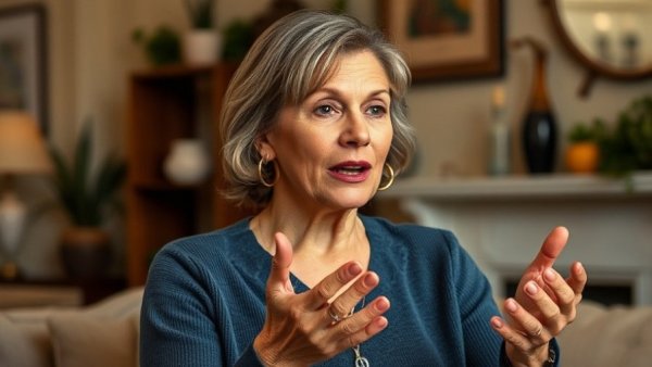 Middle-aged woman discusses Vitamin Deficiency and Sagging Skin indoors.