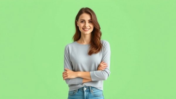 Casual poised female standing confidently on light green background.