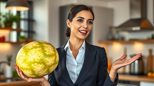 Woman in kitchen explaining cleanse benefits, holding honeydew.