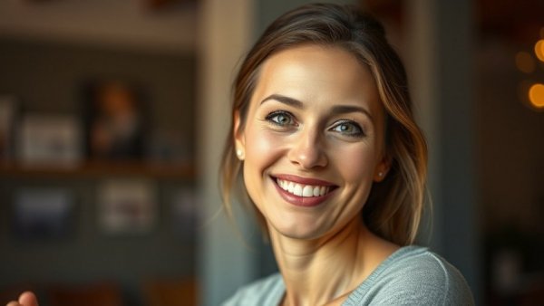 Smiling woman in indoor setting, warm lighting.