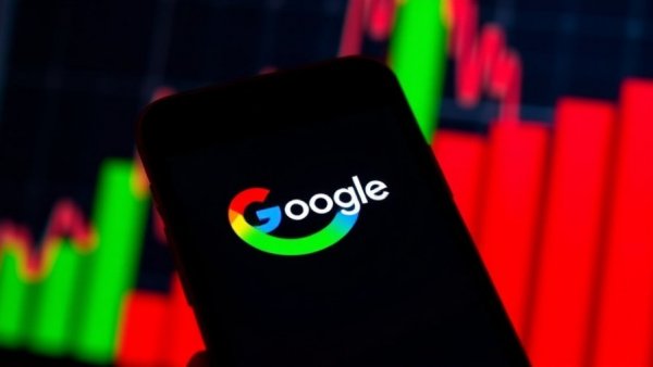 Google logo with bar chart background, digital marketing concept.