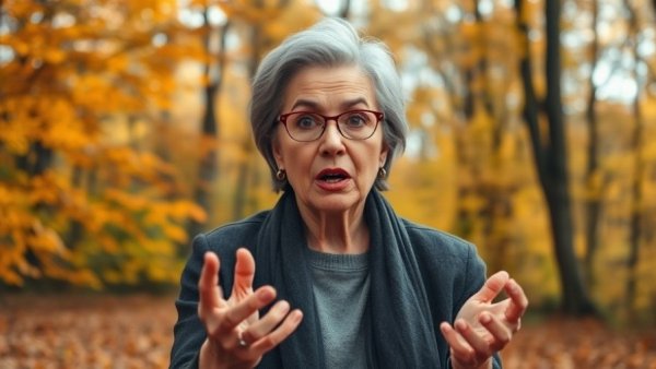 Middle-aged woman expressing surprise in autumn forest, Mental Health Tips for Longevity.