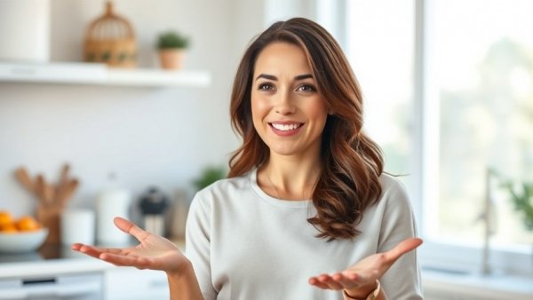 Brunette woman discussing collagen supporting foods in a kitchen setting.