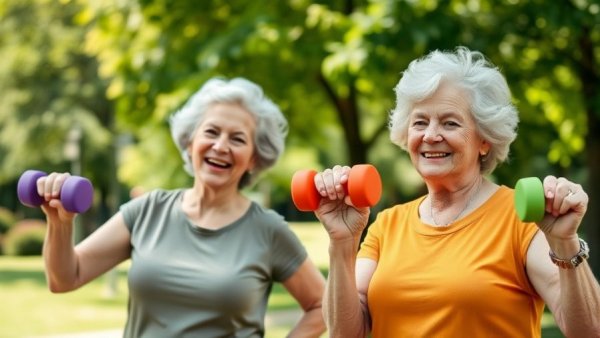Joyful older women exercising outdoors for longevity.