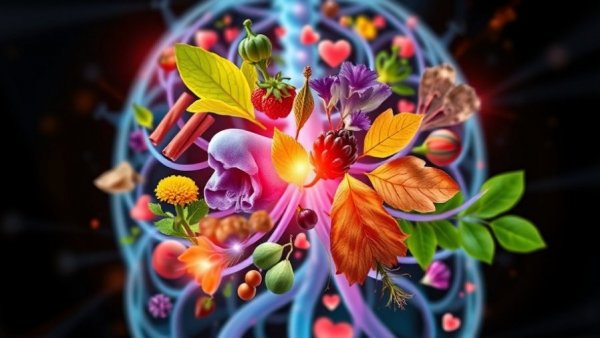 3D digital art of botanical interventions for diabetic neuropathy, vibrant herbs.