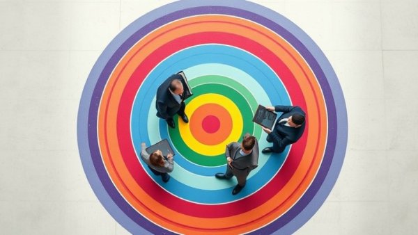 Overhead view of professionals discussing with clipboards, vibrant circle background, Enterprise SEO and AI Trends.