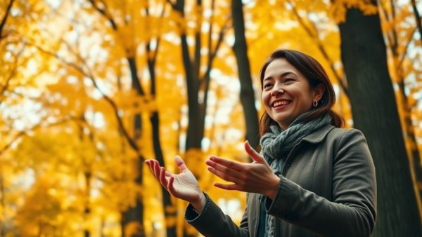 Woman shares managing gastritis tips in autumn forest, vibrant scene.