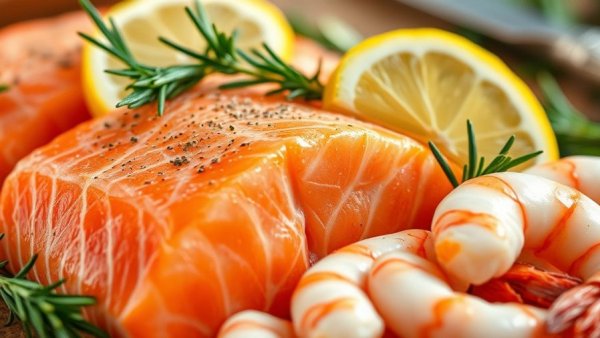 Fresh salmon and shrimp with herbs, highlighting B12 and Omega-3s for brain health.