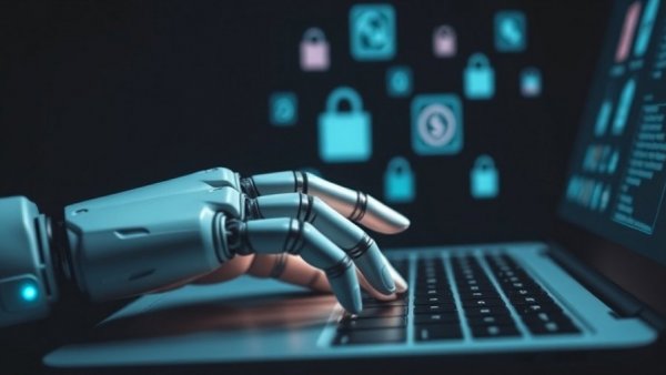 Robotic hand on keyboard with agentic commerce icons.