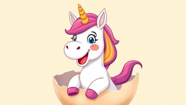 Colorful cartoon unicorn hatching symbolizing tech unicorns in 2025