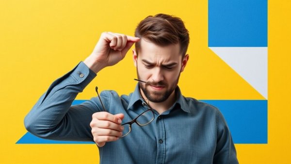 Frustrated man in collage art amid geometric shapes, publishers search traffic decline