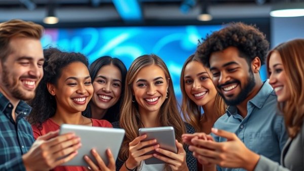 Tech presentation with smiling individuals in modern digital design.