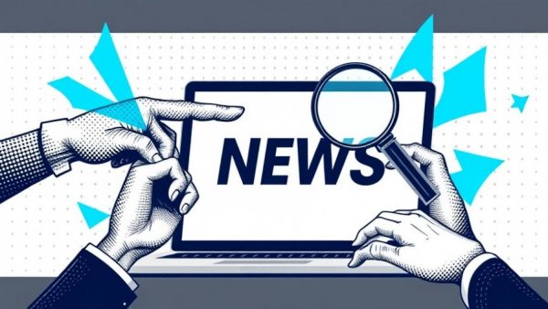 Digital illustration of news analysis with hands interacting with a laptop screen featuring the Universal Commerce Protocol concept.