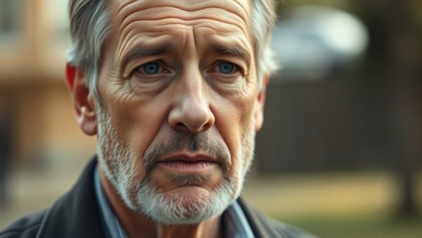 Close-up of a thoughtful middle-aged man, outdoors in natural light.